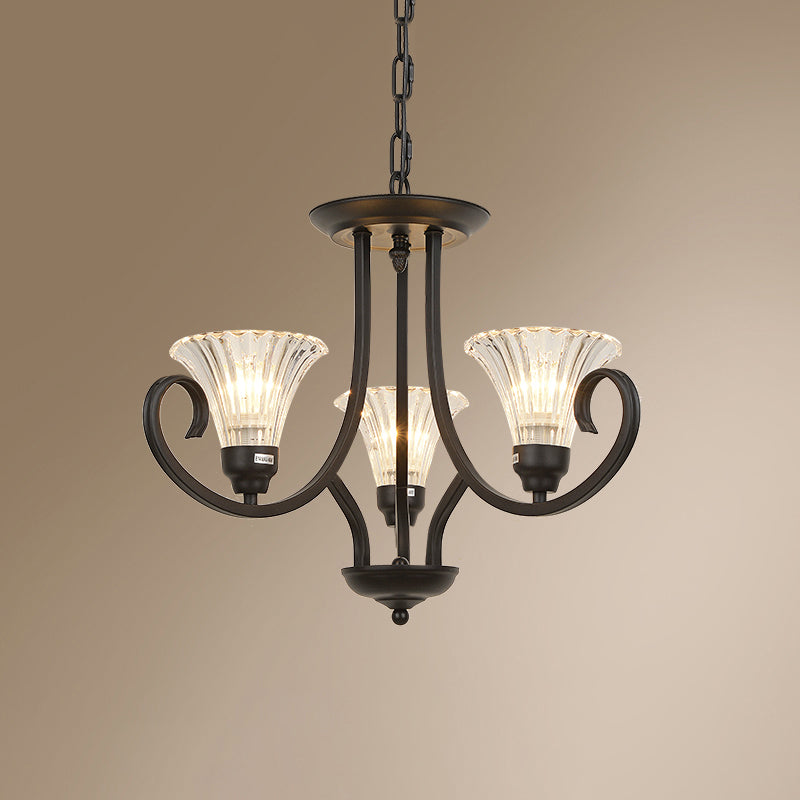 Clear Ribbed Glass Flared Chandelier Retro Parlor Ceiling Pendant Light with Swirled Arm in Black 3 Black Clearhalo 'Ceiling Lights' 'Chandeliers' Lighting' options 2311783_6a53e2cd-18e8-42a6-8c26-e4bfcce96919