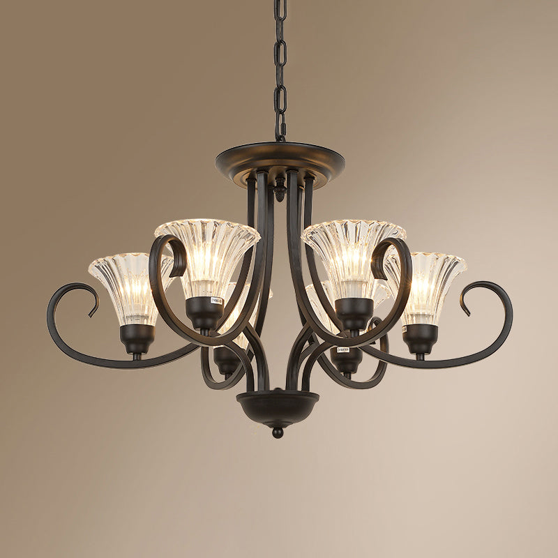 Clear Ribbed Glass Flared Chandelier Retro Parlor Ceiling Pendant Light with Swirled Arm in Black 6 Black Clearhalo 'Ceiling Lights' 'Chandeliers' Lighting' options 2311784_a2b6bdd6-5c73-4912-bb76-da18e5ee42f2