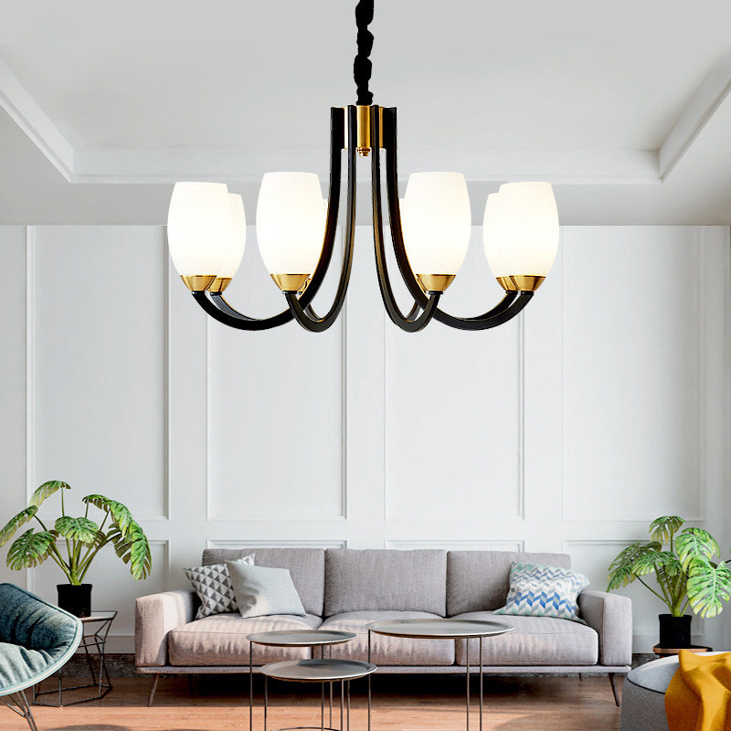 Swooping Arm Chandelier Traditional White Frosted Glass Hanging Light Fixture for Living Room 8 White Clearhalo 'Ceiling Lights' 'Chandeliers' Lighting' options 2311785_4c926ead-644a-4e3b-87a7-1ed751d4adb5