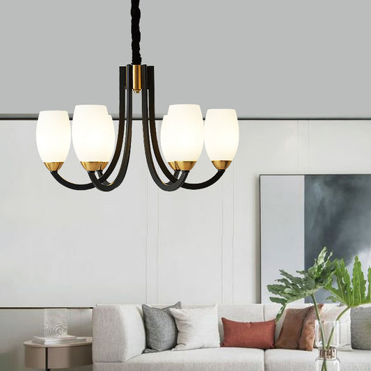 Swooping Arm Chandelier Traditional White Frosted Glass Hanging Light Fixture for Living Room Clearhalo 'Ceiling Lights' 'Chandeliers' Lighting' options 2311786
