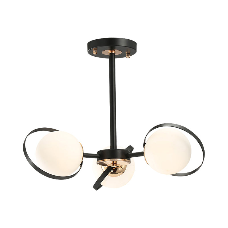 Ball White Glass Chandelier Lighting with Radial Design Modernist 3/6 Lights Black Hanging Ceiling Lamp Fixture Clearhalo 'Ceiling Lights' 'Chandeliers' 'Close To Ceiling Lights' 'Close to ceiling' 'Glass shade' 'Glass' 'Semi-flushmount' Lighting' 231230