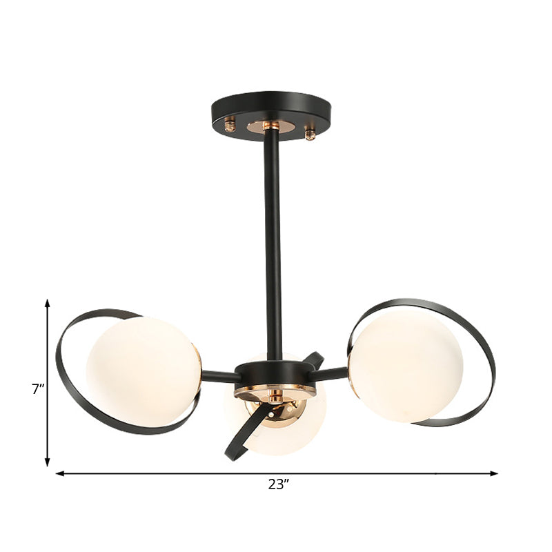 Ball White Glass Chandelier Lighting with Radial Design Modernist 3/6 Lights Black Hanging Ceiling Lamp Fixture Clearhalo 'Ceiling Lights' 'Chandeliers' 'Close To Ceiling Lights' 'Close to ceiling' 'Glass shade' 'Glass' 'Semi-flushmount' Lighting' 231231