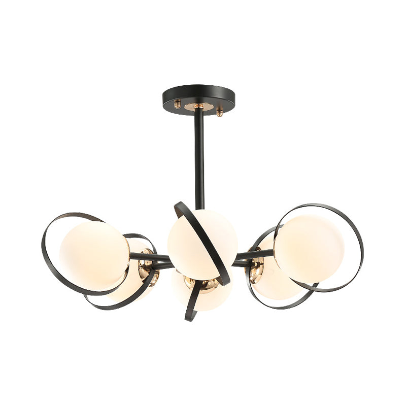 Ball White Glass Chandelier Lighting with Radial Design Modernist 3/6 Lights Black Hanging Ceiling Lamp Fixture Clearhalo 'Ceiling Lights' 'Chandeliers' 'Close To Ceiling Lights' 'Close to ceiling' 'Glass shade' 'Glass' 'Semi-flushmount' Lighting' 231234