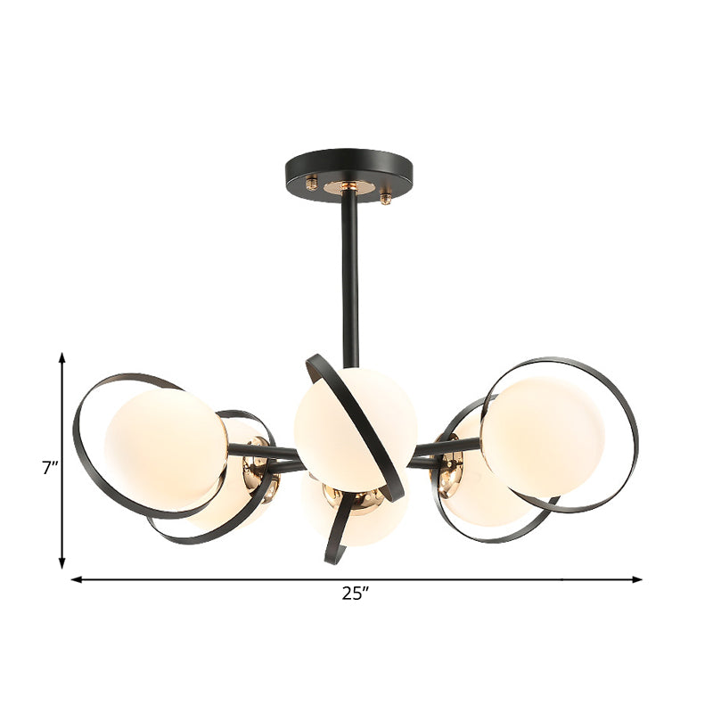 Ball White Glass Chandelier Lighting with Radial Design Modernist 3/6 Lights Black Hanging Ceiling Lamp Fixture Clearhalo 'Ceiling Lights' 'Chandeliers' 'Close To Ceiling Lights' 'Close to ceiling' 'Glass shade' 'Glass' 'Semi-flushmount' Lighting' 231235