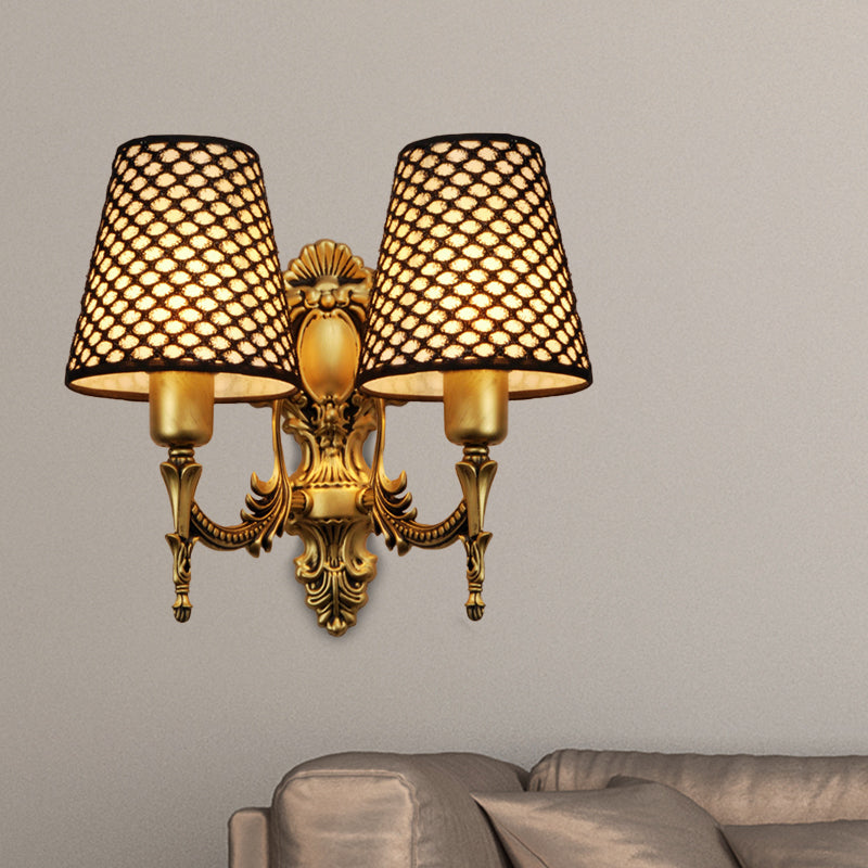 Gold Cone Wall Mount Light Traditional Metal 1/2-Light Living Room Carved Sconce Light with Lattice Fabric Shade 2.0 Gold Clearhalo 'Wall Lamps & Sconces' 'Wall Lights' Lighting' 231318