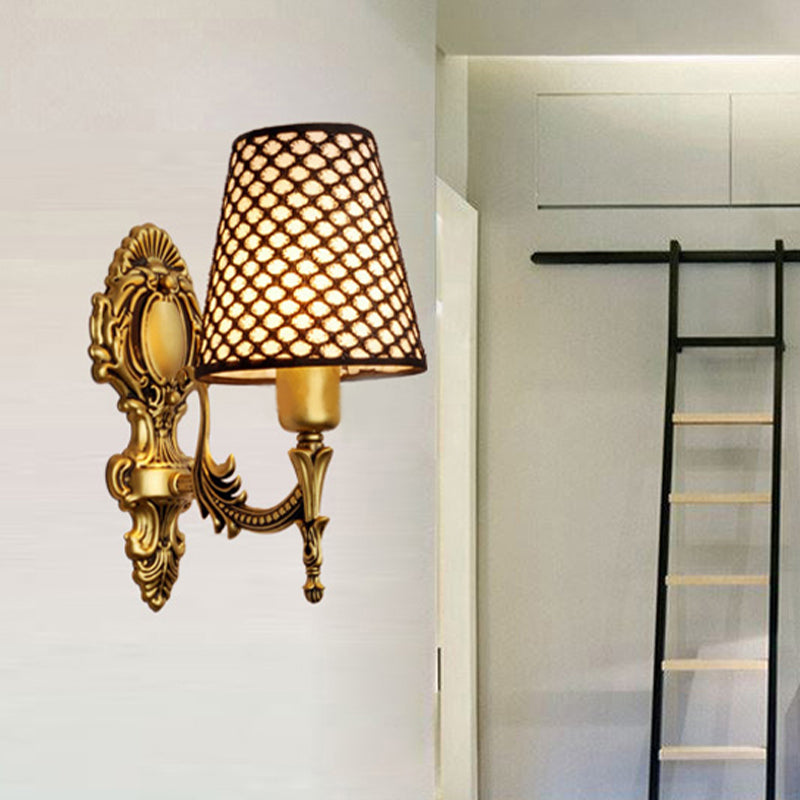 Gold Cone Wall Mount Light Traditional Metal 1/2-Light Living Room Carved Sconce Light with Lattice Fabric Shade 1.0 Gold Clearhalo 'Wall Lamps & Sconces' 'Wall Lights' Lighting' 231322