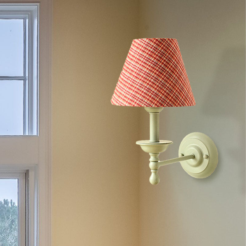 1 Bulb Cone Wall Lamp Vintage Style Red/Yellow/Blue Fabric Shade Wall Sconce for Dining Room Red Clearhalo 'Wall Lamps & Sconces' 'Wall Lights' Lighting' 231395