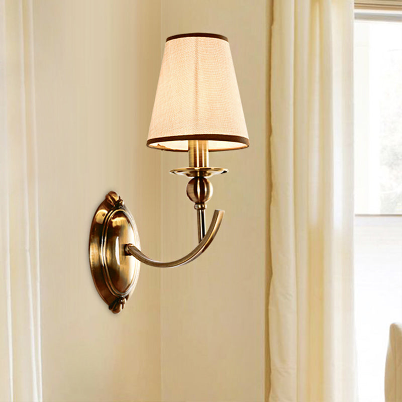 Conical Fabric Shade Wall Light Vintage 1/2-Light Brass Wall Sconce Lighting for Bedroom 1.0 Brass Clearhalo 'Wall Lamps & Sconces' 'Wall Lights' Lighting' 231565