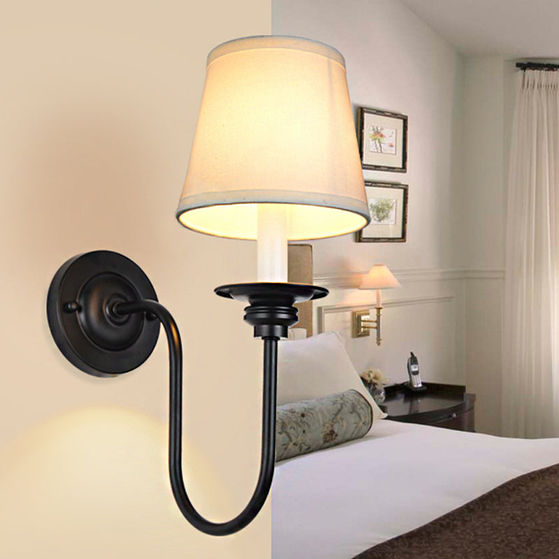 Cone Fabric Wall Sconce Traditional 1 Head Bedroom Sconce Light with Metal Arched Arm in White Tan Clearhalo 'Wall Lamps & Sconces' 'Wall Lights' Lighting' 231598
