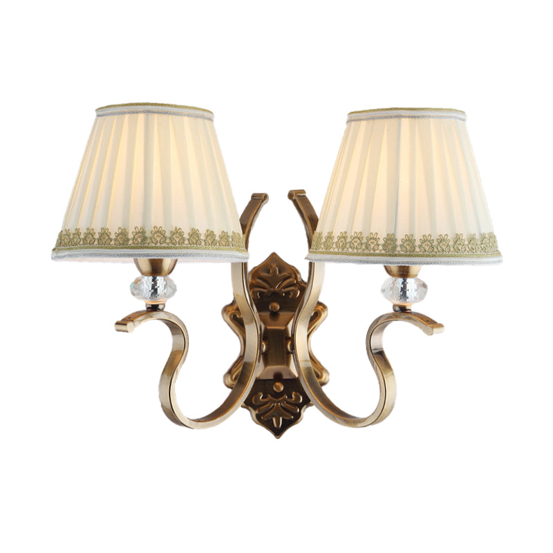 Gold Pleated Shade Wall Sconce Traditional Fabric 1/2-Bulb Living Room Wall Mounted Light with Crystal Accent Clearhalo 'Wall Lamps & Sconces' 'Wall Lights' Lighting' 231771