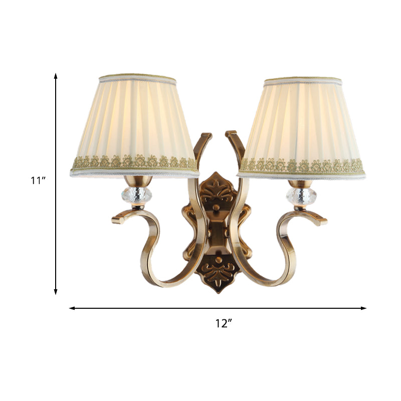 Gold Pleated Shade Wall Sconce Traditional Fabric 1/2-Bulb Living Room Wall Mounted Light with Crystal Accent Clearhalo 'Wall Lamps & Sconces' 'Wall Lights' Lighting' 231772