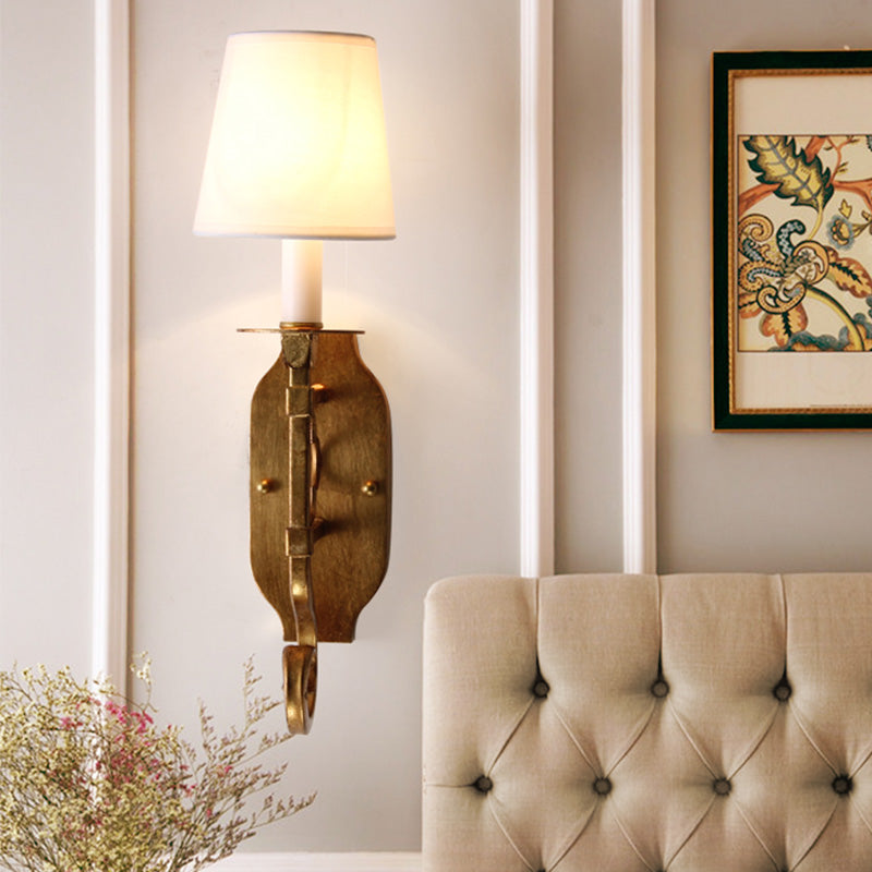 1 Light Wall Lamp Lighting Country Cone Fabric Sconce Light Fixture in Brass with Metal Backplate Brass Clearhalo 'Wall Lamps & Sconces' 'Wall Lights' Lighting' 231910