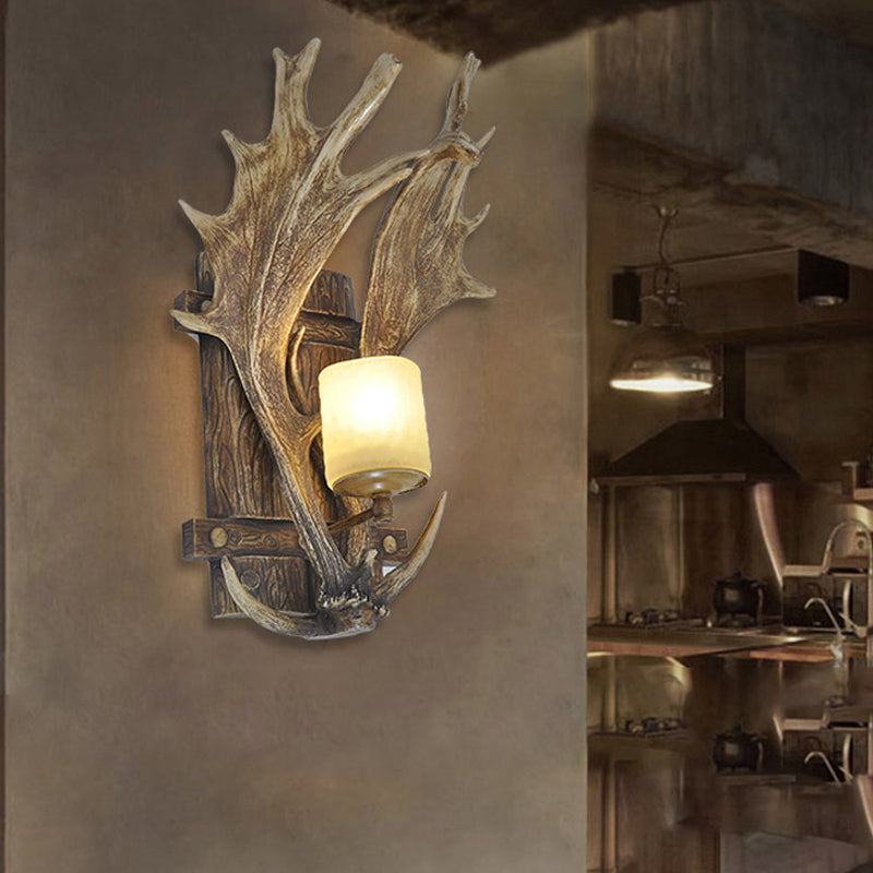 1 Light Resin Wall Lamp Rustic Wood Antler Dining Room Sconce Light Fixture with Frosted Glass Shade Clearhalo 'Wall Lamps & Sconces' 'Wall Lights' Lighting' 231963