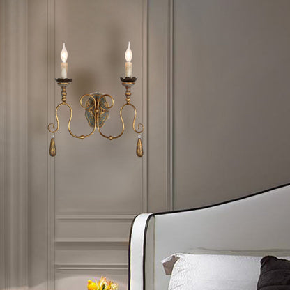 Gold 2 Lights Wall Light Fixture Countryside Metal Exposed Bulb Sconce Lamp for Bedroom Gold Clearhalo 'Wall Lamps & Sconces' 'Wall Lights' Lighting' 232115