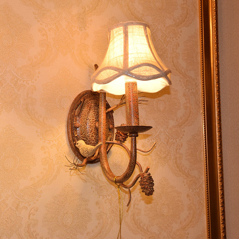 Fabric Bell Shade Wall Lighting Traditional 1/2 Lights Bedroom Sconce Light Fixture in Brown 1.0 Brown Clearhalo 'Wall Lamps & Sconces' 'Wall Lights' Lighting' 232124