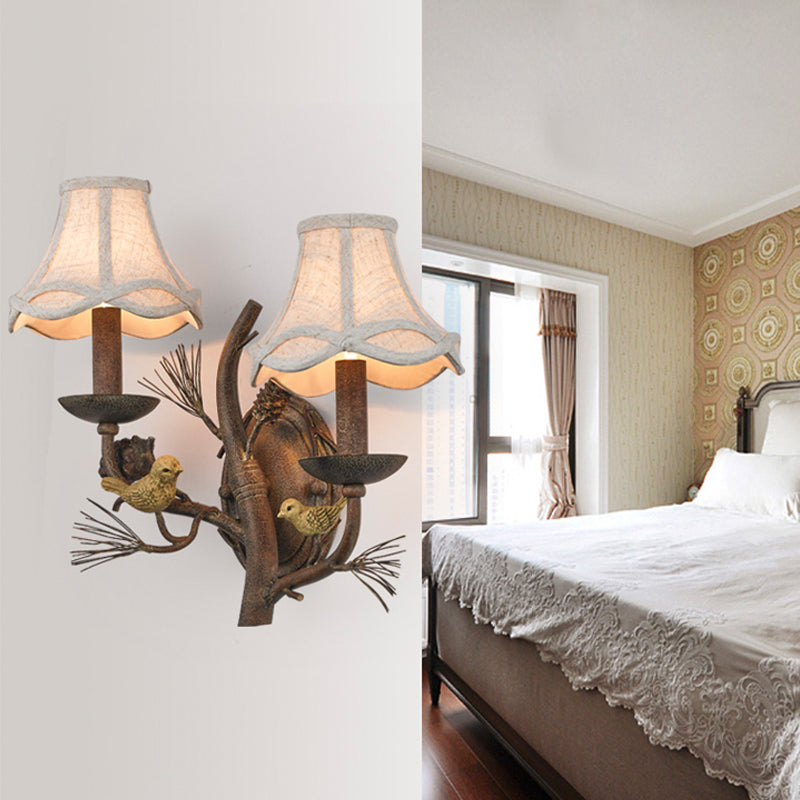 Fabric Bell Shade Wall Lighting Traditional 1/2 Lights Bedroom Sconce Light Fixture in Brown 2.0 Brown Clearhalo 'Wall Lamps & Sconces' 'Wall Lights' Lighting' 232128