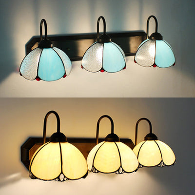Tiffany Petal Wall Mounted Light 3 Heads Blue/Beige Glass Sconce Light in Black for Bedroom Clearhalo 'Industrial' 'Middle century wall lights' 'Tiffany wall lights' 'Tiffany' 'Wall Lamps & Sconces' 'Wall Lights' Lighting' 23218