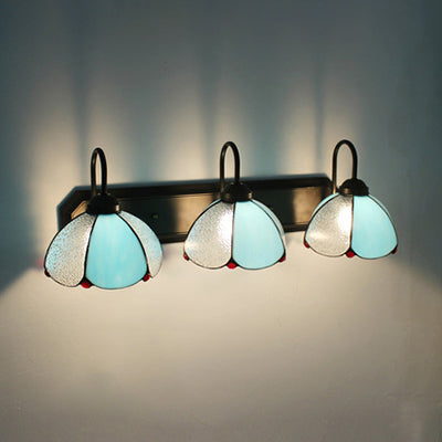 Tiffany Petal Wall Mounted Light 3 Heads Blue/Beige Glass Sconce Light in Black for Bedroom Blue Clearhalo 'Industrial' 'Middle century wall lights' 'Tiffany wall lights' 'Tiffany' 'Wall Lamps & Sconces' 'Wall Lights' Lighting' 23219