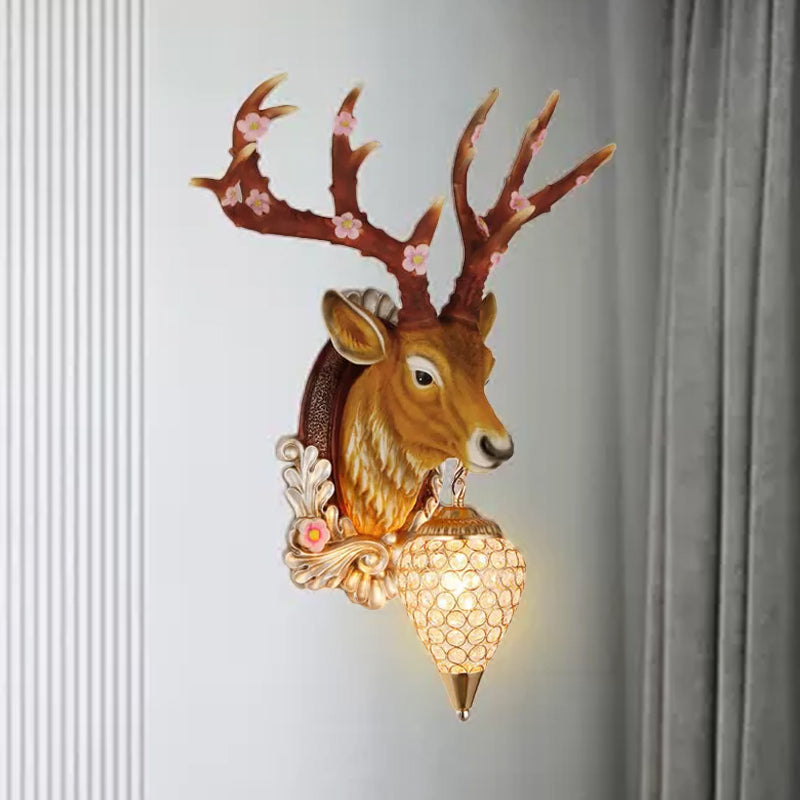 Crystal White/Brown Vanity Lamp Teardrop 12.5“/24.5” W 1-Light Vintage Wall Mounted Lighting for Bathroom with Deer Backplate Brown 12.5" Clearhalo 'Wall Lamps & Sconces' 'Wall Lights' Lighting' 232213