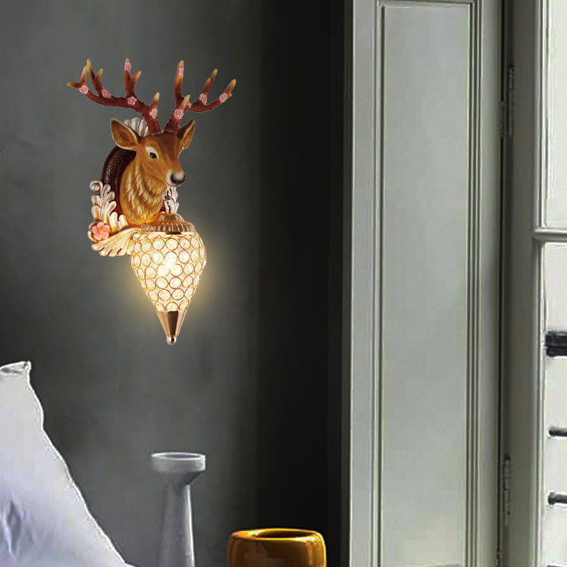 Crystal White/Brown Vanity Lamp Teardrop 12.5“/24.5” W 1-Light Vintage Wall Mounted Lighting for Bathroom with Deer Backplate Clearhalo 'Wall Lamps & Sconces' 'Wall Lights' Lighting' 232216