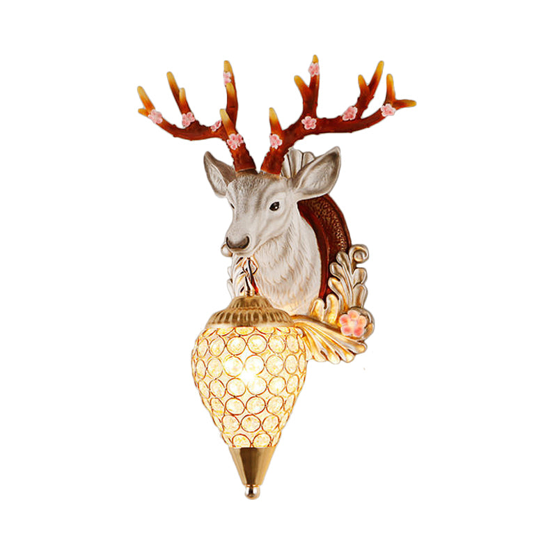 Crystal White/Brown Vanity Lamp Teardrop 12.5“/24.5” W 1-Light Vintage Wall Mounted Lighting for Bathroom with Deer Backplate Clearhalo 'Wall Lamps & Sconces' 'Wall Lights' Lighting' 232221