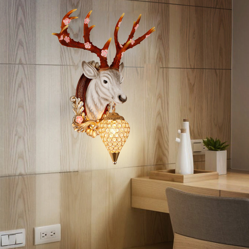 Crystal White/Brown Vanity Lamp Teardrop 12.5“/24.5” W 1-Light Vintage Wall Mounted Lighting for Bathroom with Deer Backplate White 12.5" Clearhalo 'Wall Lamps & Sconces' 'Wall Lights' Lighting' 232223