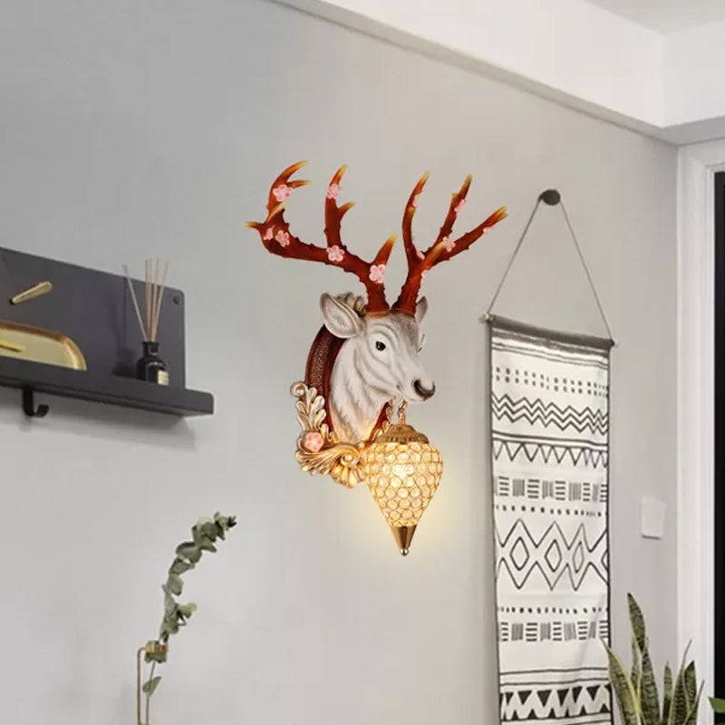 Crystal White/Brown Vanity Lamp Teardrop 12.5“/24.5” W 1-Light Vintage Wall Mounted Lighting for Bathroom with Deer Backplate Clearhalo 'Wall Lamps & Sconces' 'Wall Lights' Lighting' 232224