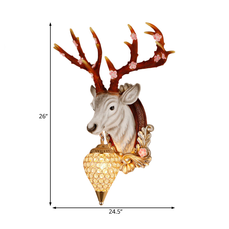 Crystal White/Brown Vanity Lamp Teardrop 12.5“/24.5” W 1-Light Vintage Wall Mounted Lighting for Bathroom with Deer Backplate Clearhalo 'Wall Lamps & Sconces' 'Wall Lights' Lighting' 232226