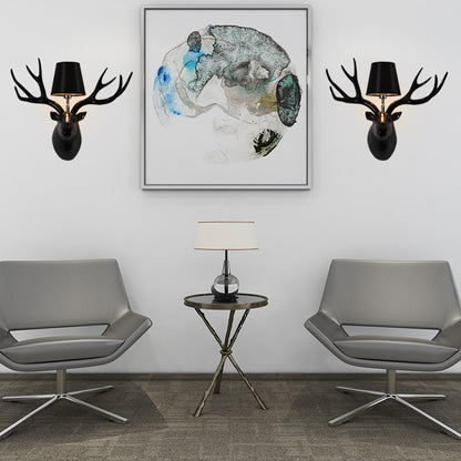 Resin Deer Sconce Light Country 1 Light Living Room Wall Mounted Lamp in Black/Matte Black/White with Fabric Shade Black Clearhalo 'Wall Lamps & Sconces' 'Wall Lights' Lighting' 232294