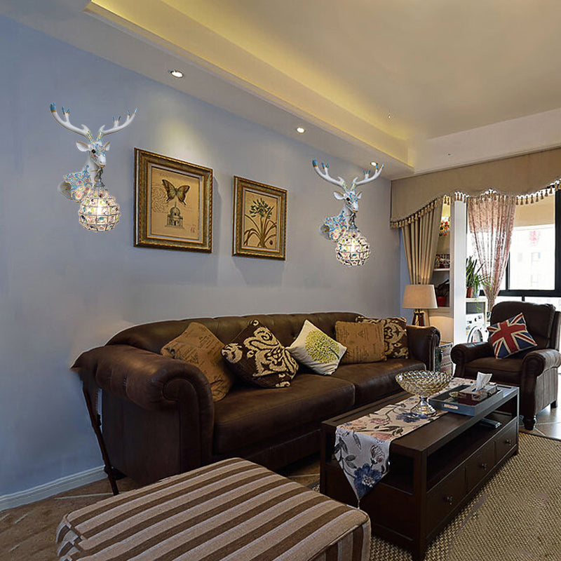 Traditional Deer Sconce 1 Light Resin Wall Mount Lighting in Black/Pink/Yellow for Bedroom with Droplet Crystal Shade, Right/Left Clearhalo 'Wall Lamps & Sconces' 'Wall Lights' Lighting' 232321