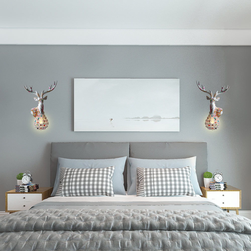 Traditional Deer Sconce 1 Light Resin Wall Mount Lighting in Black/Pink/Yellow for Bedroom with Droplet Crystal Shade, Right/Left Clearhalo 'Wall Lamps & Sconces' 'Wall Lights' Lighting' 232328