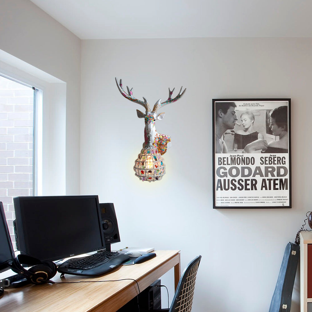 Traditional Deer Sconce 1 Light Resin Wall Mount Lighting in Black/Pink/Yellow for Bedroom with Droplet Crystal Shade, Right/Left Pink Right Clearhalo 'Wall Lamps & Sconces' 'Wall Lights' Lighting' 232330