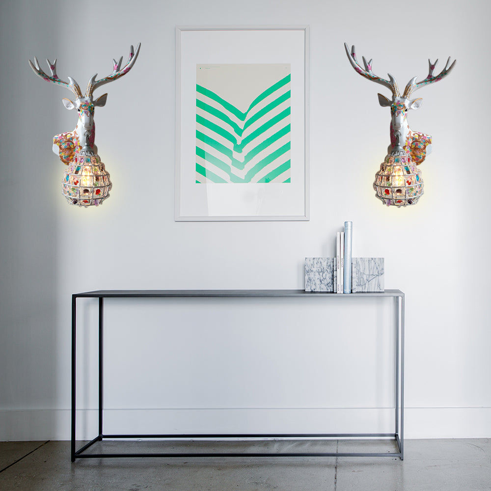 Traditional Deer Sconce 1 Light Resin Wall Mount Lighting in Black/Pink/Yellow for Bedroom with Droplet Crystal Shade, Right/Left Clearhalo 'Wall Lamps & Sconces' 'Wall Lights' Lighting' 232331