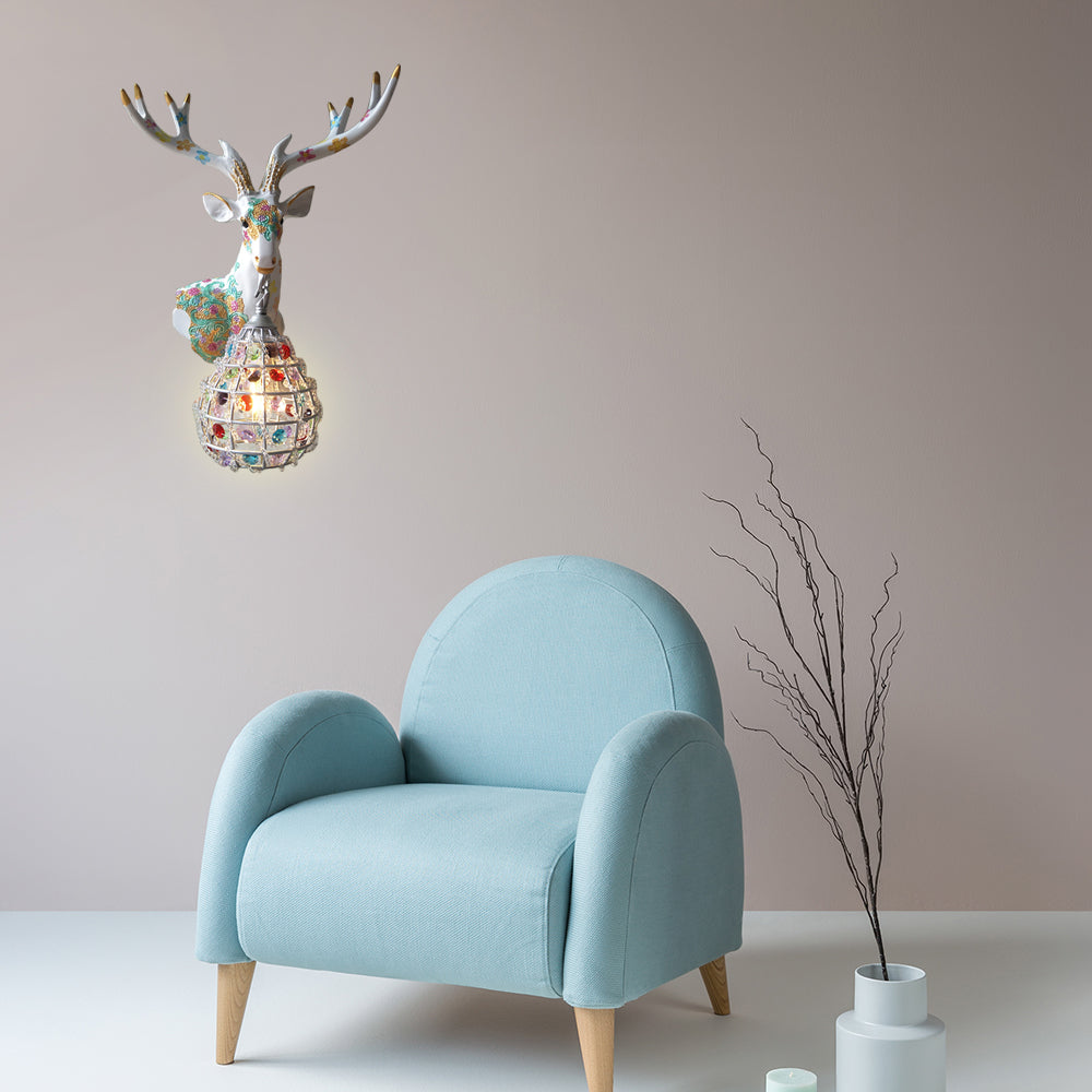 Traditional Deer Sconce 1 Light Resin Wall Mount Lighting in Black/Pink/Yellow for Bedroom with Droplet Crystal Shade, Right/Left Green Left Clearhalo 'Wall Lamps & Sconces' 'Wall Lights' Lighting' 232333