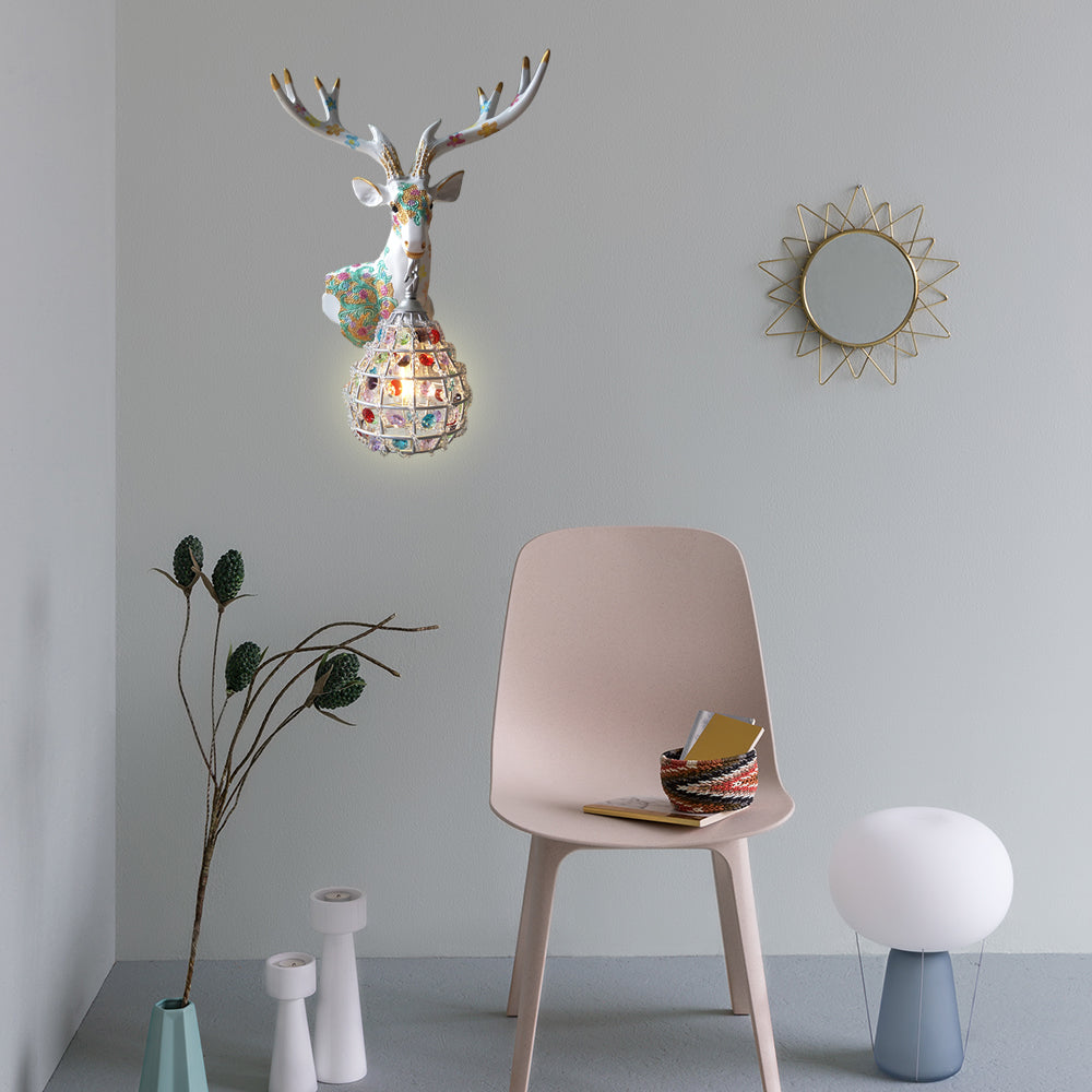 Traditional Deer Sconce 1 Light Resin Wall Mount Lighting in Black/Pink/Yellow for Bedroom with Droplet Crystal Shade, Right/Left Clearhalo 'Wall Lamps & Sconces' 'Wall Lights' Lighting' 232334