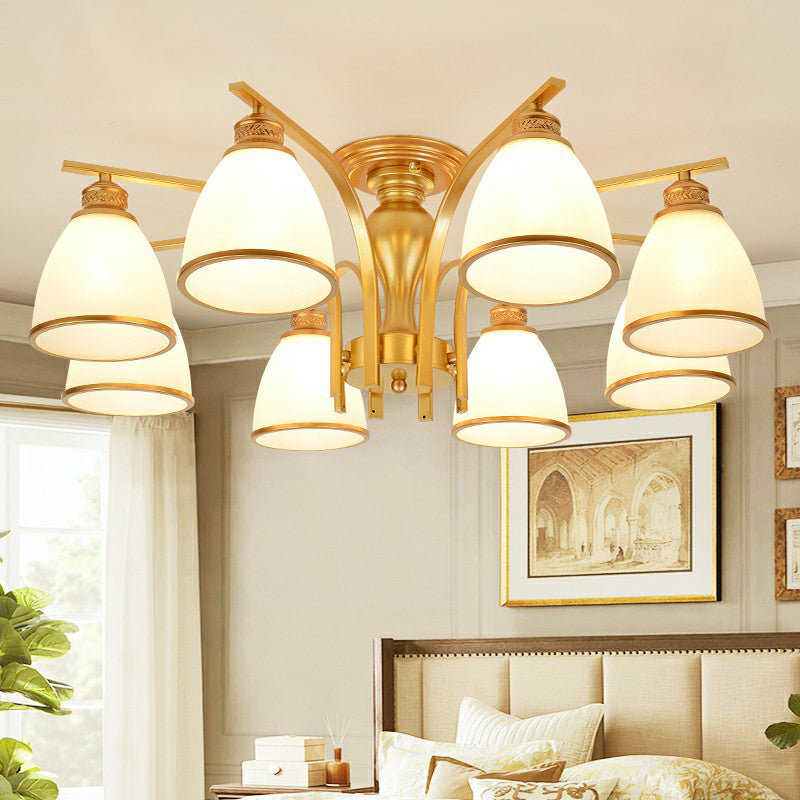 Gold Finish Bell Semi Flush Chandelier Traditional Opal Glass Bedroom Ceiling Mounted Light Clearhalo 'Ceiling Lights' 'Close To Ceiling Lights' 'Close to ceiling' 'Semi-flushmount' Lighting' 2323342