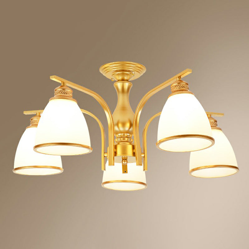 Gold Finish Bell Semi Flush Chandelier Traditional Opal Glass Bedroom Ceiling Mounted Light 5 Gold Clearhalo 'Ceiling Lights' 'Close To Ceiling Lights' 'Close to ceiling' 'Semi-flushmount' Lighting' 2323343