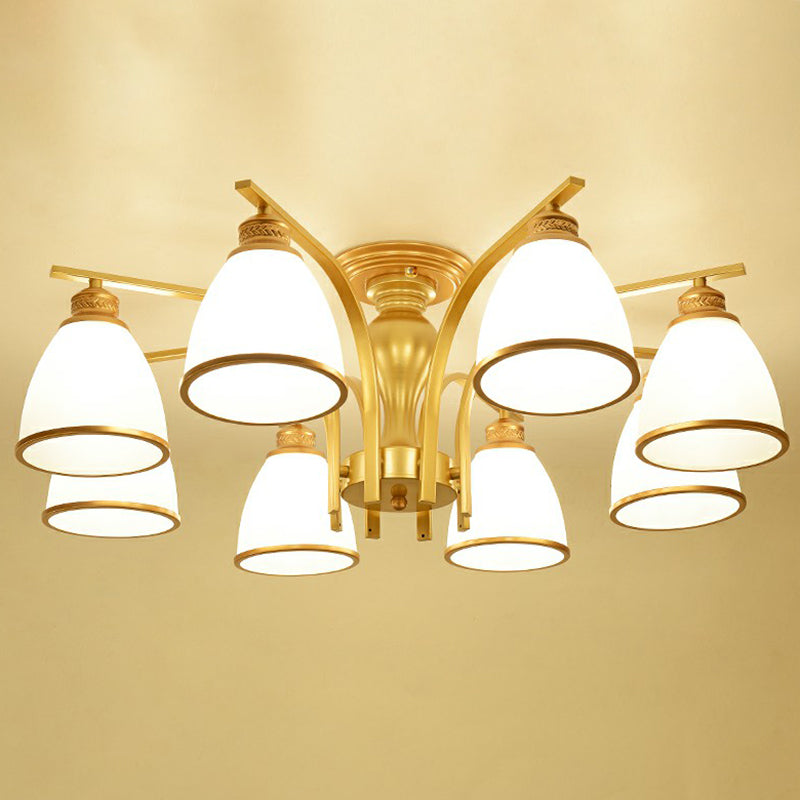 Gold Finish Bell Semi Flush Chandelier Traditional Opal Glass Bedroom Ceiling Mounted Light Clearhalo 'Ceiling Lights' 'Close To Ceiling Lights' 'Close to ceiling' 'Semi-flushmount' Lighting' 2323345