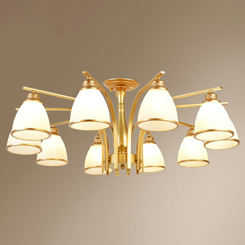 Gold Finish Bell Semi Flush Chandelier Traditional Opal Glass Bedroom Ceiling Mounted Light 10 Gold Clearhalo 'Ceiling Lights' 'Close To Ceiling Lights' 'Close to ceiling' 'Semi-flushmount' Lighting' 2323346