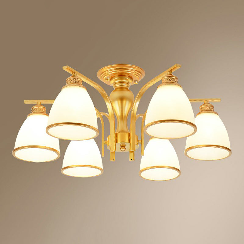 Gold Finish Bell Semi Flush Chandelier Traditional Opal Glass Bedroom Ceiling Mounted Light 6 Gold Clearhalo 'Ceiling Lights' 'Close To Ceiling Lights' 'Close to ceiling' 'Semi-flushmount' Lighting' 2323348