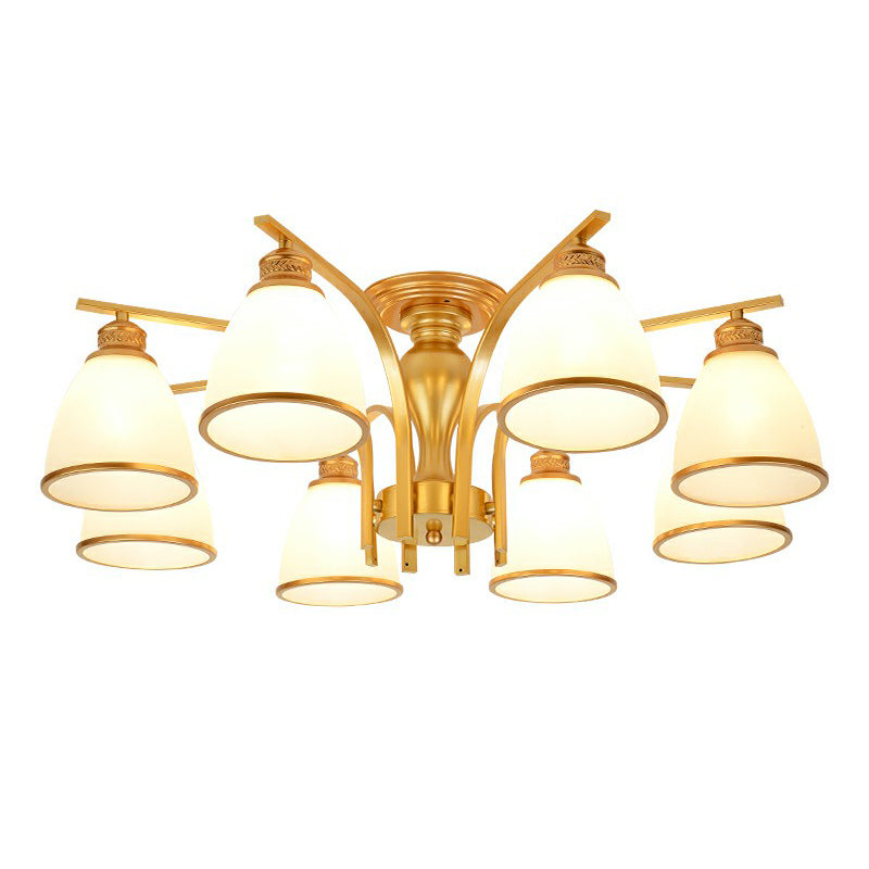 Gold Finish Bell Semi Flush Chandelier Traditional Opal Glass Bedroom Ceiling Mounted Light Clearhalo 'Ceiling Lights' 'Close To Ceiling Lights' 'Close to ceiling' 'Semi-flushmount' Lighting' 2323349