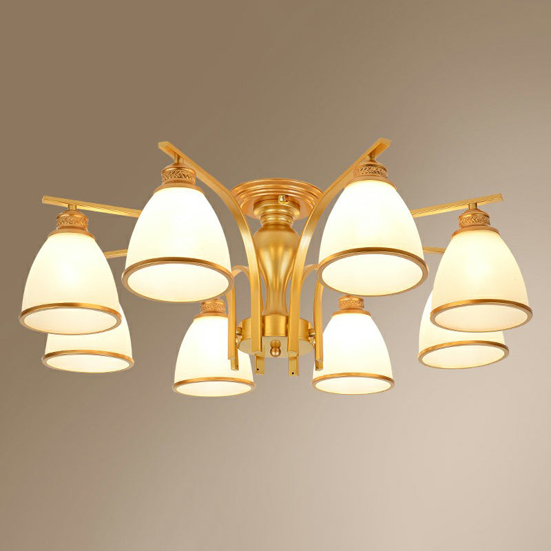 Gold Finish Bell Semi Flush Chandelier Traditional Opal Glass Bedroom Ceiling Mounted Light 8 Gold Clearhalo 'Ceiling Lights' 'Close To Ceiling Lights' 'Close to ceiling' 'Semi-flushmount' Lighting' 2323350