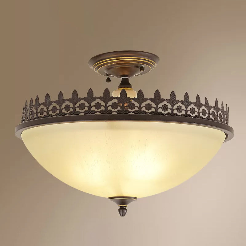 Vintage Bowl Ceiling Flush Light Frosted Glass Semi Flush Mount Lighting with Filigree Frame in Brown Brown 18" Clearhalo 'Ceiling Lights' 'Close To Ceiling Lights' 'Close to ceiling' 'Semi-flushmount' Lighting' 2323353