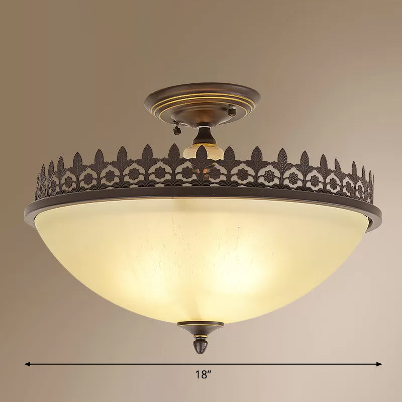 Vintage Bowl Ceiling Flush Light Frosted Glass Semi Flush Mount Lighting with Filigree Frame in Brown Clearhalo 'Ceiling Lights' 'Close To Ceiling Lights' 'Close to ceiling' 'Semi-flushmount' Lighting' 2323354