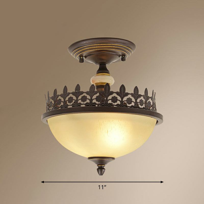 Vintage Bowl Ceiling Flush Light Frosted Glass Semi Flush Mount Lighting with Filigree Frame in Brown Clearhalo 'Ceiling Lights' 'Close To Ceiling Lights' 'Close to ceiling' 'Semi-flushmount' Lighting' 2323355