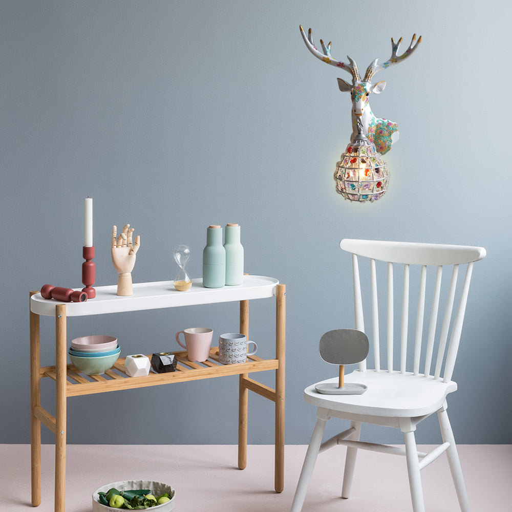 Traditional Deer Sconce 1 Light Resin Wall Mount Lighting in Black/Pink/Yellow for Bedroom with Droplet Crystal Shade, Right/Left Green Right Clearhalo 'Wall Lamps & Sconces' 'Wall Lights' Lighting' 232336