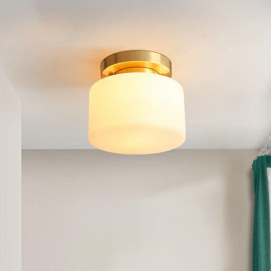 Minimalist Cylindrical Semi Flush Mount Lamp 1 Head Cream Glass Ceiling Light in Brass for Foyer Clearhalo 'Ceiling Lights' 'Close To Ceiling Lights' 'Close to ceiling' 'Semi-flushmount' Lighting' 2323383