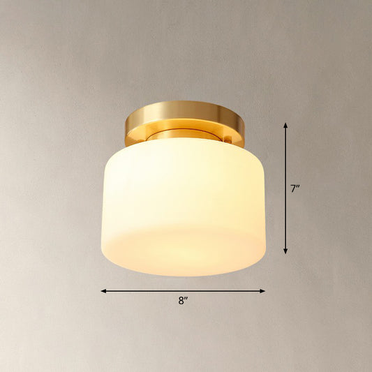 Minimalist Cylindrical Semi Flush Mount Lamp 1 Head Cream Glass Ceiling Light in Brass for Foyer Clearhalo 'Ceiling Lights' 'Close To Ceiling Lights' 'Close to ceiling' 'Semi-flushmount' Lighting' 2323384