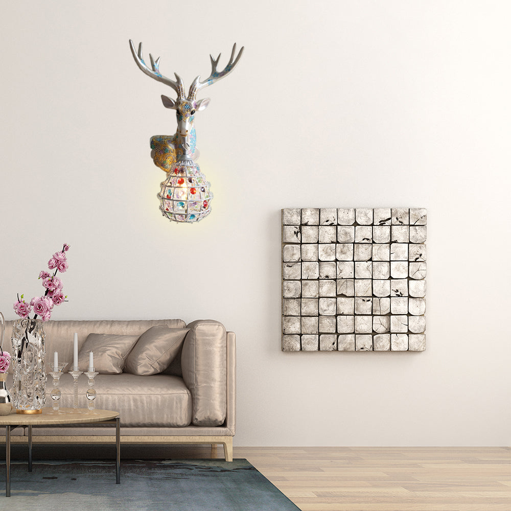 Traditional Deer Sconce 1 Light Resin Wall Mount Lighting in Black/Pink/Yellow for Bedroom with Droplet Crystal Shade, Right/Left Yellow Left Clearhalo 'Wall Lamps & Sconces' 'Wall Lights' Lighting' 232339