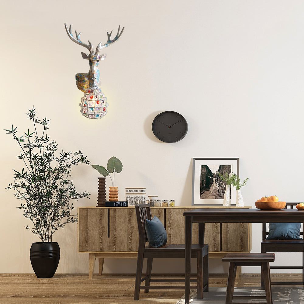 Traditional Deer Sconce 1 Light Resin Wall Mount Lighting in Black/Pink/Yellow for Bedroom with Droplet Crystal Shade, Right/Left Clearhalo 'Wall Lamps & Sconces' 'Wall Lights' Lighting' 232340